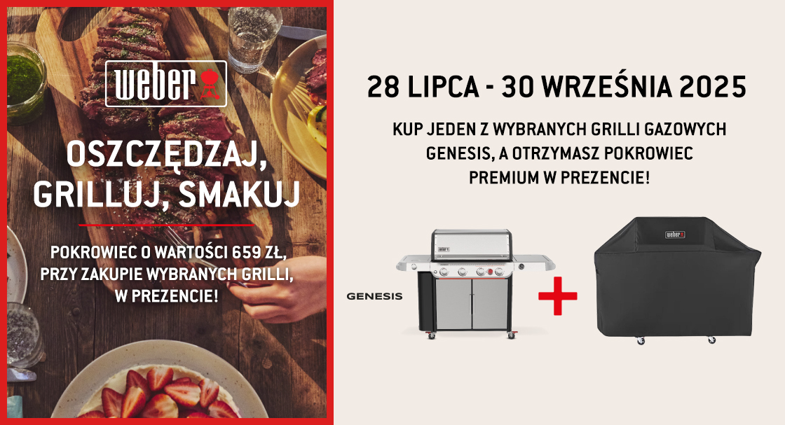 Baner promocyjny – Startujemy z finałową promocją na grille Weber Genesis ‘25! Tylko do 31.09.2025 – przy zakupie modelu Genesis 2025 w naszym sklepie, otrzymasz GRATIS pokrowiec ochronny dopasowany do wybranego modelu Weber Genesis.